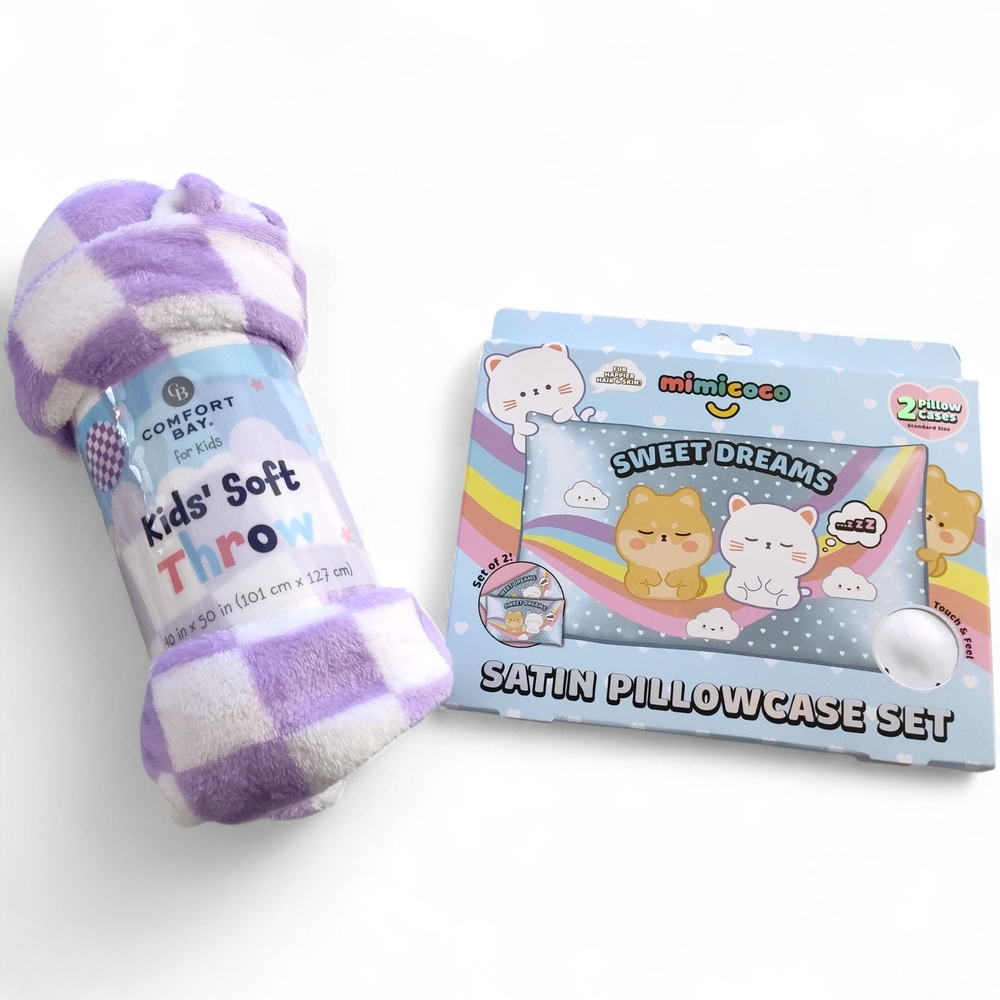 Mimi & Coco Sweet Dreams Satin Pillowcase Set & Kids Soft Throw Blanket Bundle